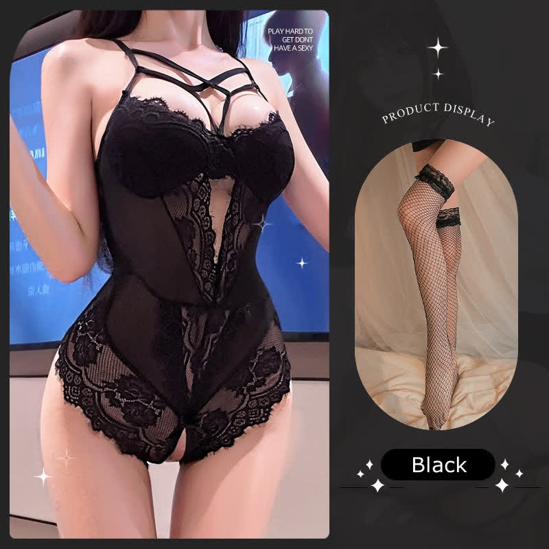 Sexy Mesh Open-Crotch Lace Bodysuit - Black & Stockings Set - One size - image 11