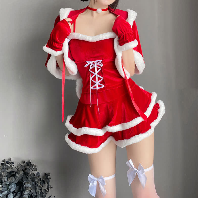 Christmas Bunny Ears Hooded Cloak Velvet Lingerie Set - image 9