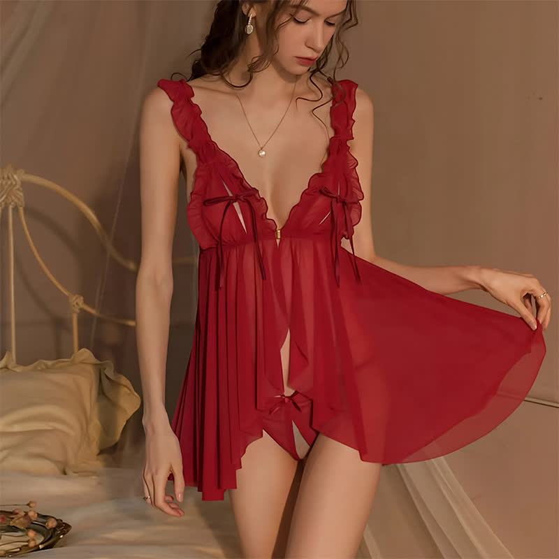 Sexy Mesh See-through Two Piece Babydoll Lingerie - image 3