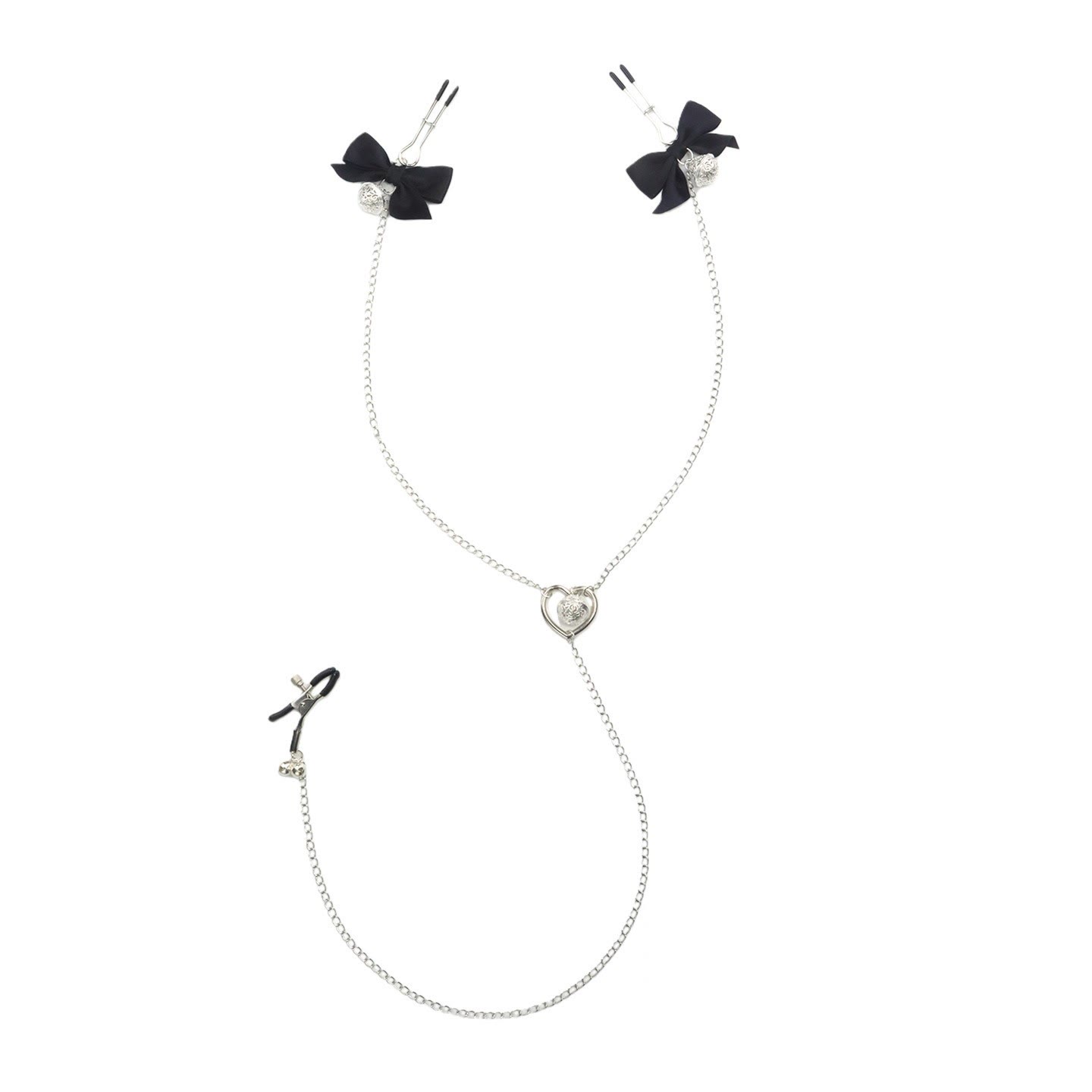 Red Bow Nipple-to-Clit Body Chain Set with Gold Bells - BlackSilverUClamp - image 4
