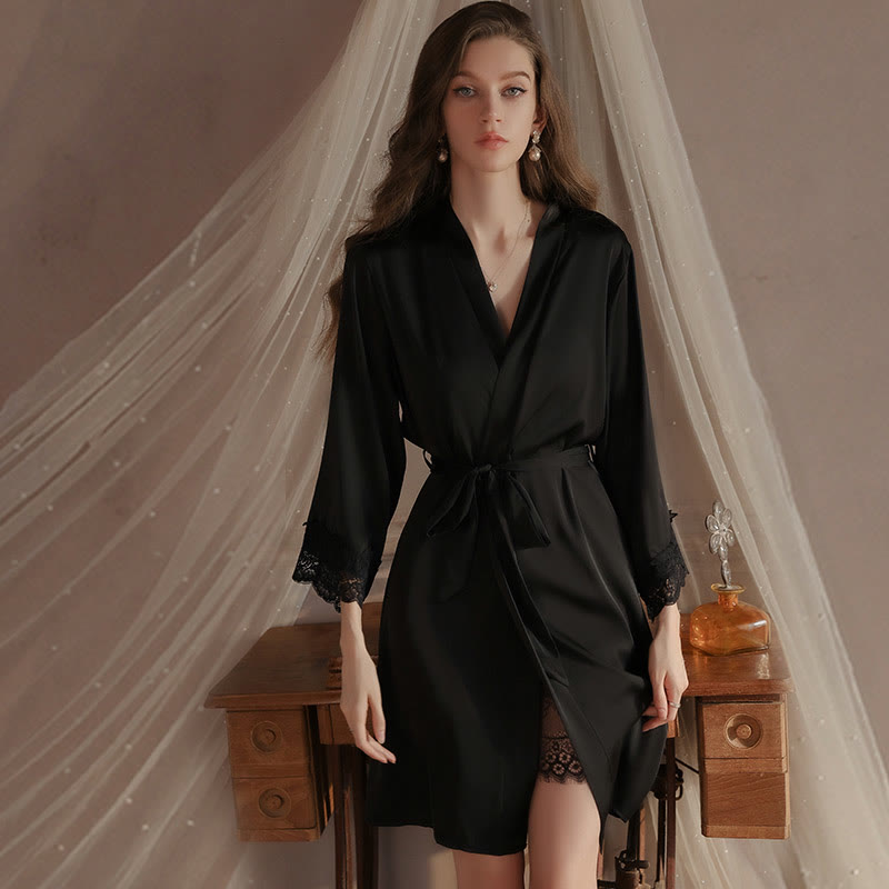 Lace V-neck See-through Nightdress Robe - Black Robe+Belt - L - image 4