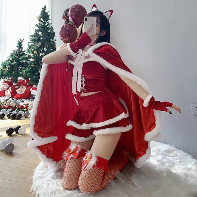 Christmas Bunny Ears Hooded Cloak Velvet Lingerie Set - Red - Set D - 3XL - image 11