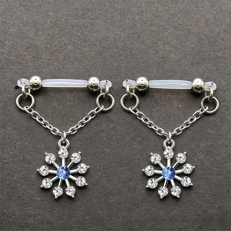 Blue Rhinestone Snowflake Chain Barbell Adjustable Non-Piercing Nipple Rings - image 3
