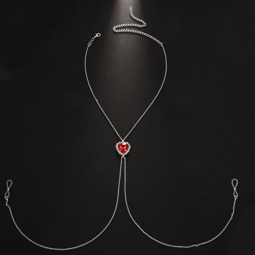 Heart Rhinestone Body Chain Nipple Clamp Adjustable Lingerie Accessories - Red - 2 (a pair) - image 2