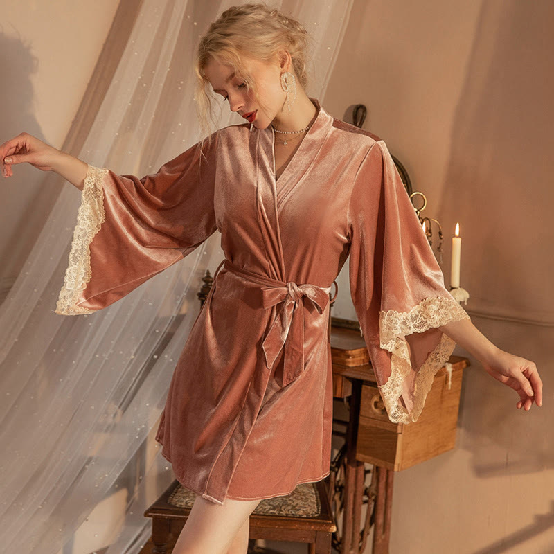 Lace Backless Slip Dress Robe Lingerie - Robe+Belt - Pink - One Size - image 12