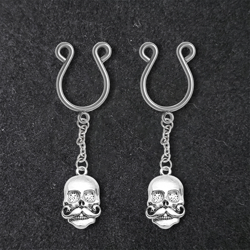 Mustache Skull Chain Clip-On Adjustable Non-Piercing Nipple Rings - Silver - 2 pack (one pair) - image 4