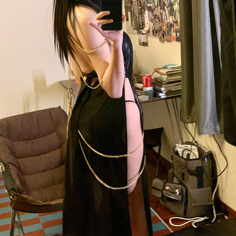 Sexy Hollow Out Backless Chain Split Dress - image 6