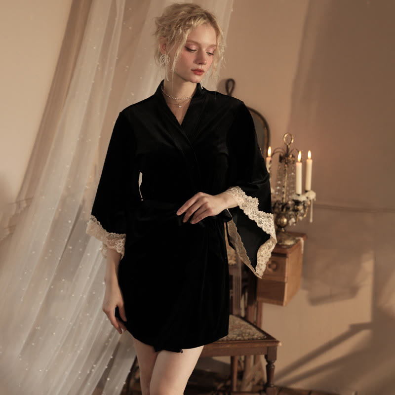 Lace Backless Slip Dress Robe Lingerie - Robe+Belt - Black - One Size - image 8