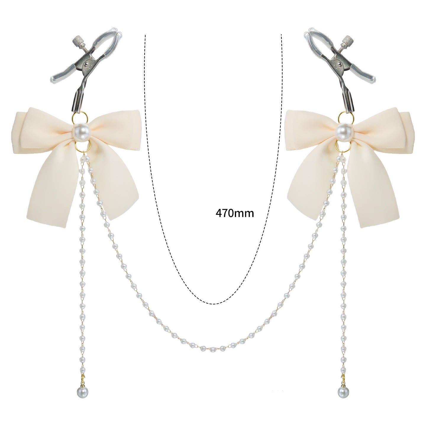 Cream Bow Pearl Chain Nipple Rings with Bell - BeigeSilverAlligator - image 4