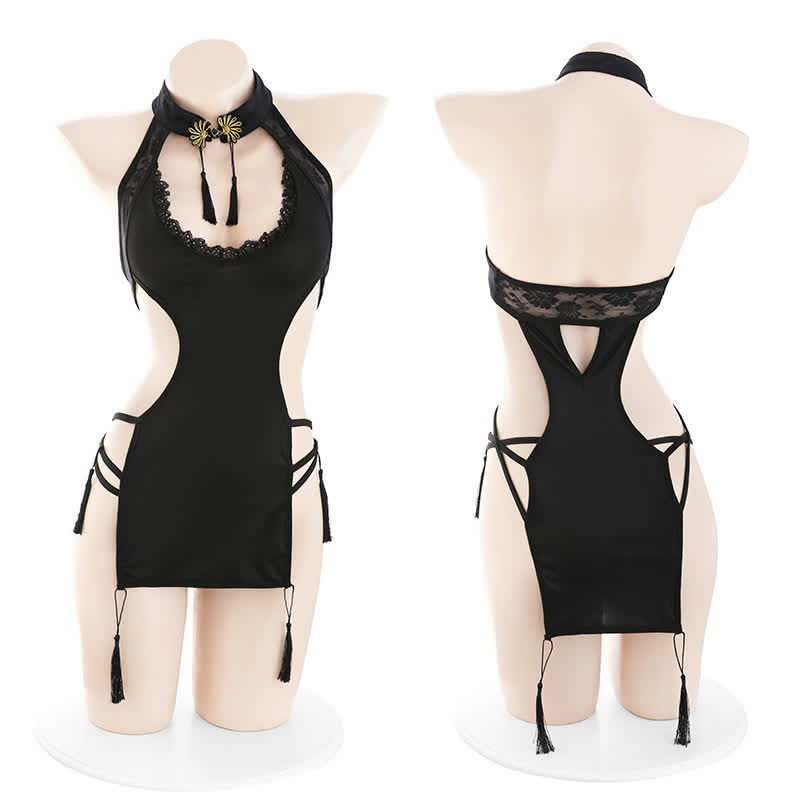 Vintage Tassel Hollow Out Cheongsam Dress Stockings Set - image 2