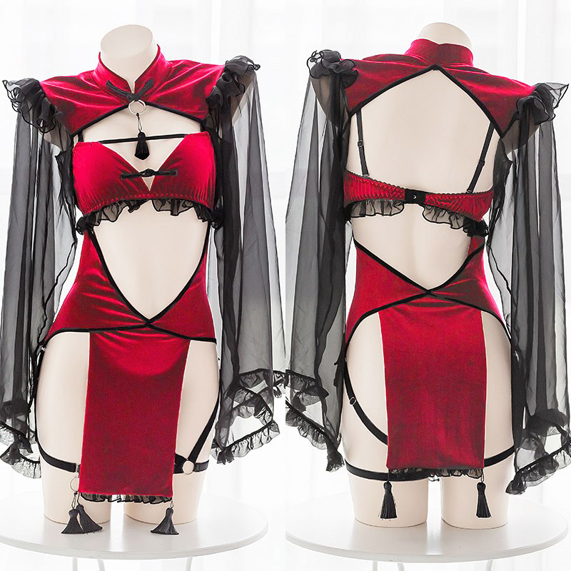 Sexy Tassel Hollow Out Lingerie Silk Sleeve Cheongsam Dress Set - Red - One Size - image 2