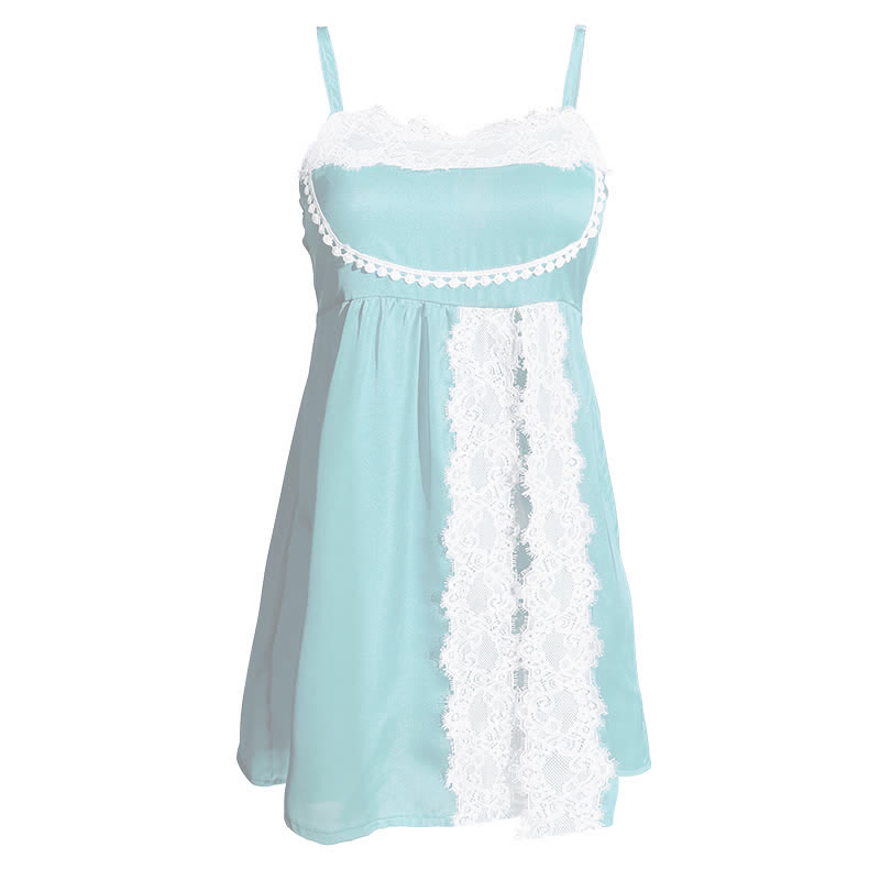 Lace High Split Sexy Slip Dress Nightdress - Blue - 3XL - image 2