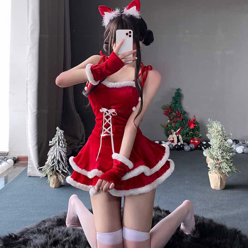 Christmas Bunny Ears Hooded Cloak Velvet Lingerie Set - image 6