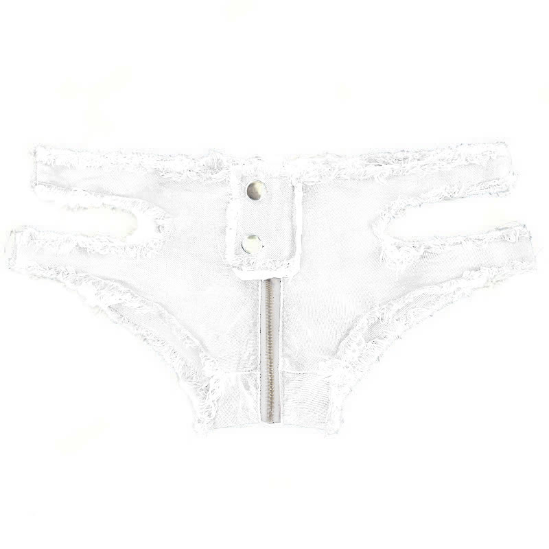 Sexy Zipper Hollow Out Denim Shorts Lingerie - White - XL - image 10