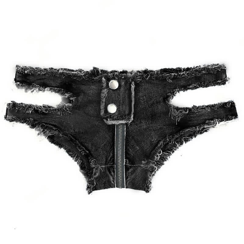 Sexy Zipper Hollow Out Denim Shorts Lingerie - Black - XL - image 11