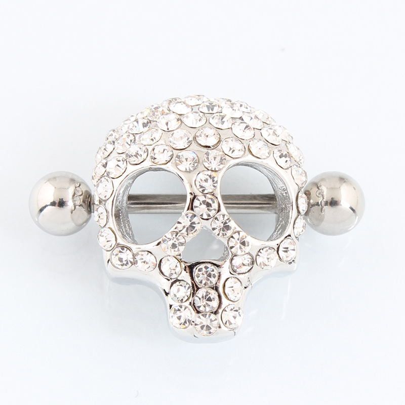 14G Gold Gem Skull Barbell Nipple Rings - White Gold - image 6