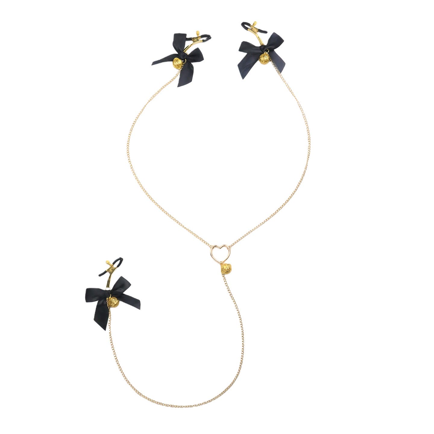 Red Bow Nipple-to-Clit Body Chain Set with Gold Bells - BlackGoldAlligator - image 5