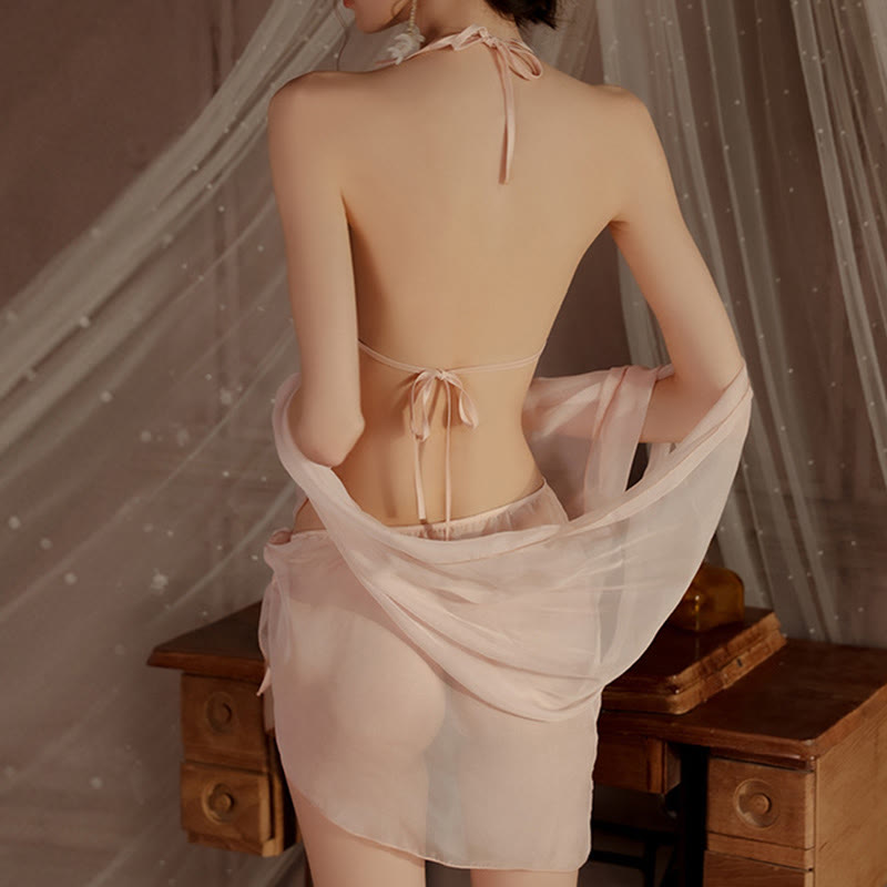 Flower Embroidery See-through Backless Lingerie Set - image 6