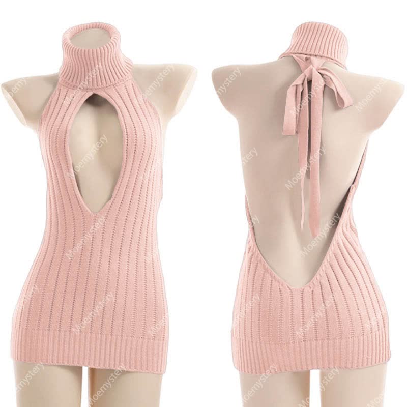 Hollow Out Front Backless Virgin Killer Cosplay Sweater - Pink - L - image 6