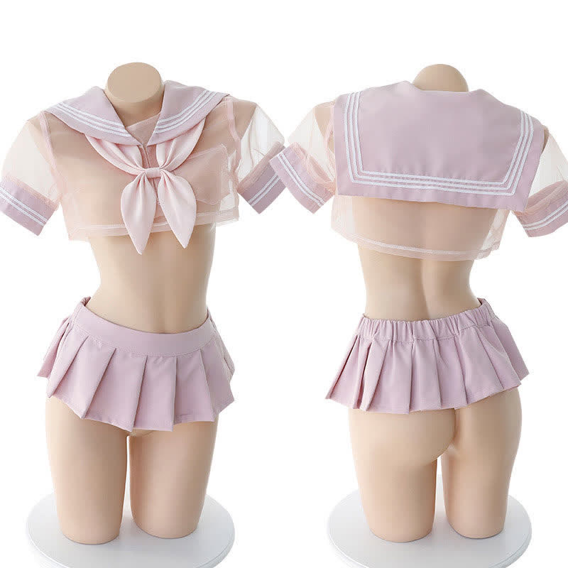 Sailor Collar Bow Knot Uniform Lingerie Set - Pink - 3XL - image 1