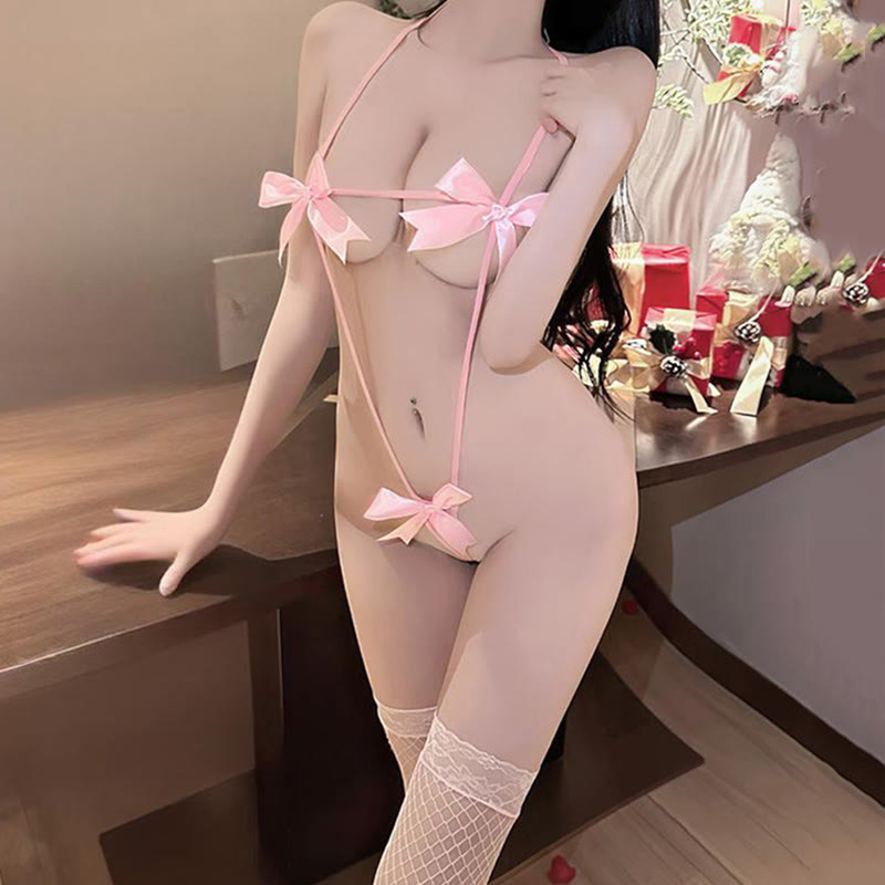 Bow Bikini Jumpsuit Lingerie - Pink - Set B - One Size - image 6