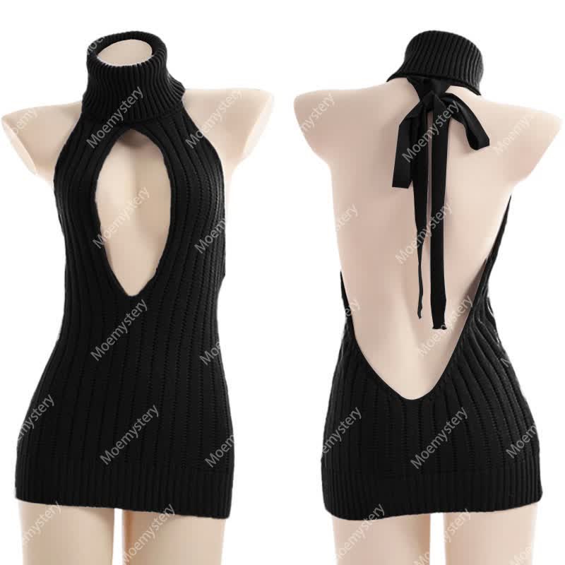 Hollow Out Front Backless Virgin Killer Cosplay Sweater - Black - L - image 7