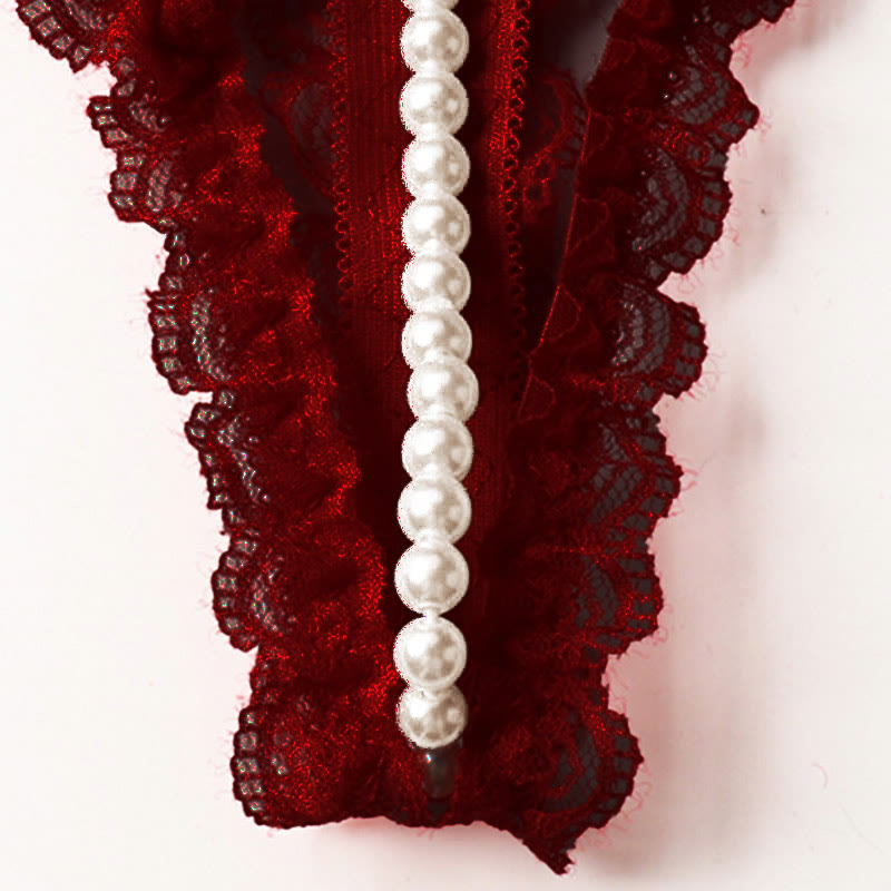 Lace Bow Knot Pearl Decor Sexy G-String - image 12
