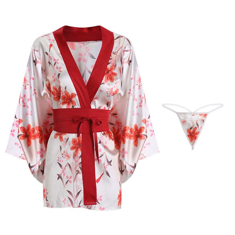 Floral Print Deep V-neck Lace Up Kimono Lingerie Dress - Red - 3XL - image 2