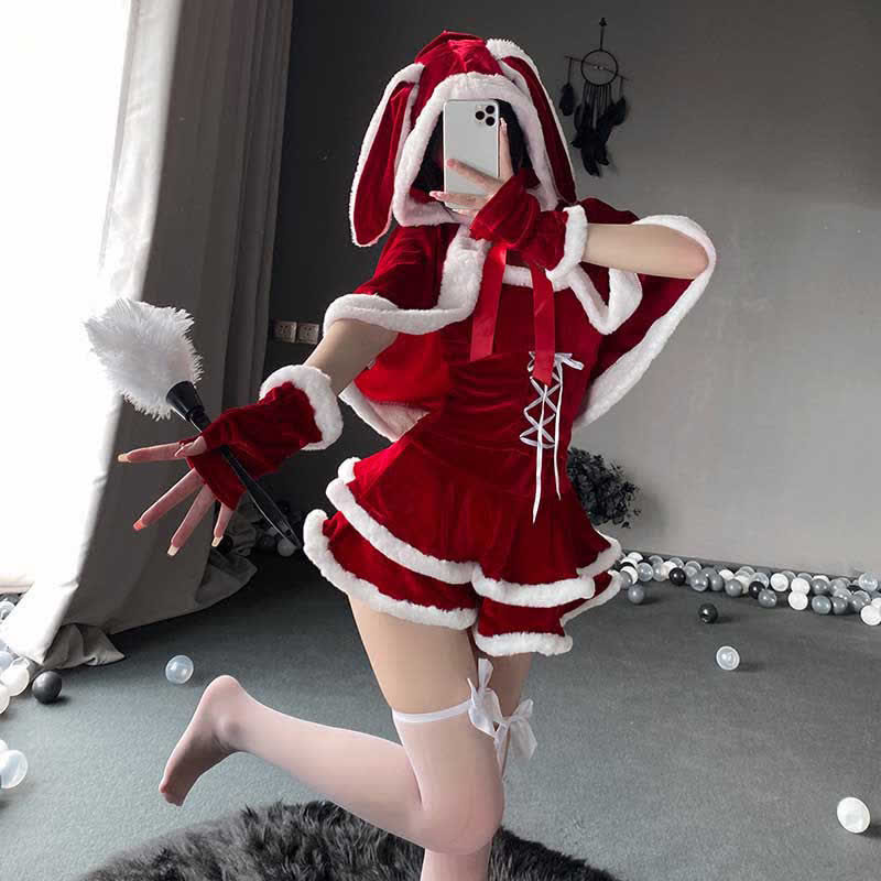 Christmas Bunny Ears Hooded Cloak Velvet Lingerie Set - image 1