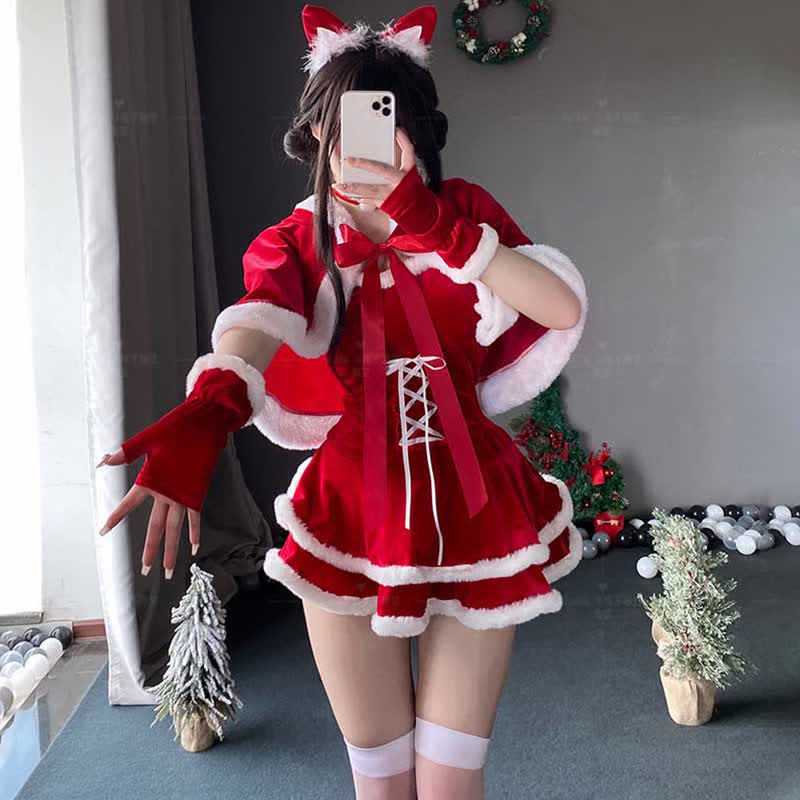Christmas Bunny Ears Hooded Cloak Velvet Lingerie Set - Red - Set C - 3XL - image 8