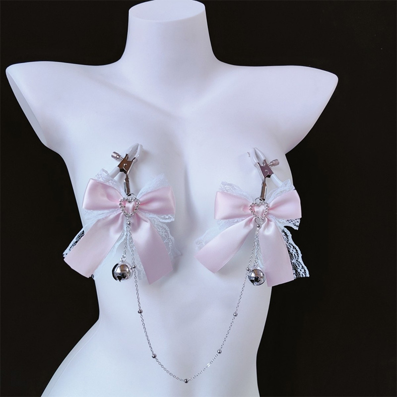 Pink Lace Bow Choker Chain Nipple Clamps Adjustable Lingerie Accessories - Nipple Clamps - image 3