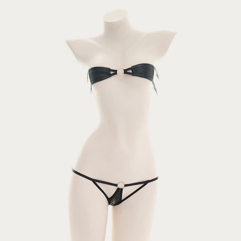 Sexy Hollow Out PU Bikini Lingerie Set - image 6