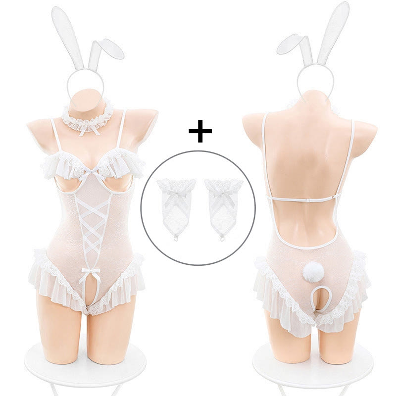 Lace Bunny Sexy Cosplay Bodysuit Set with Bunny Ears - White & Mesh Stockings - One Size - image 8