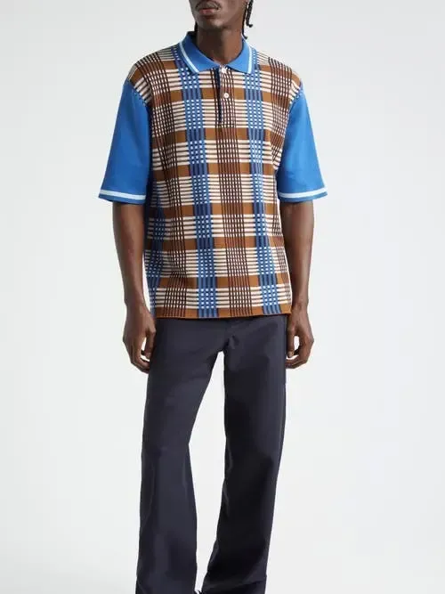 CONTRAST SLEEVE PLAID COTTON POLO