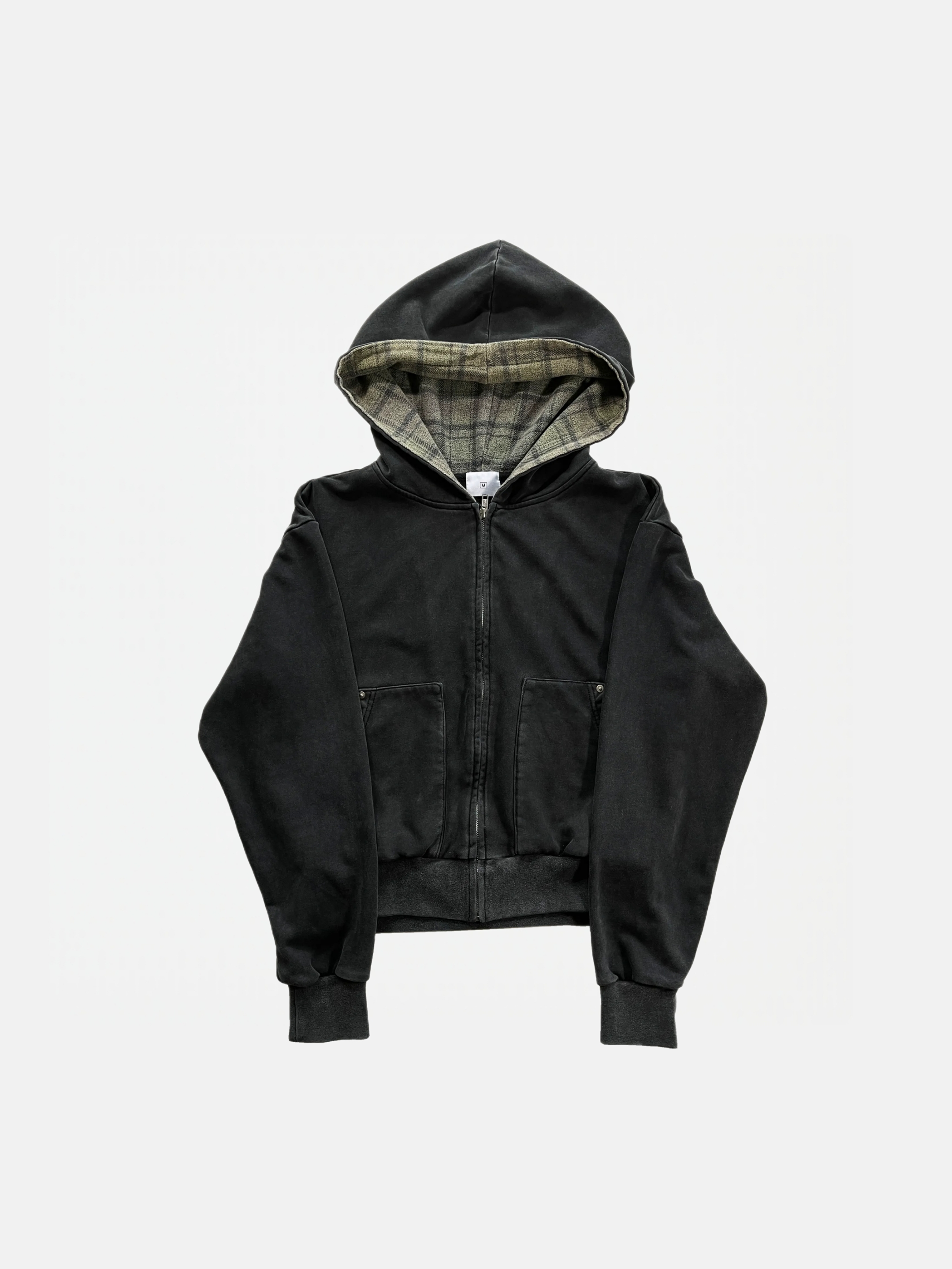 LAZY PLAID‑LINED ZIP UP HOODIE