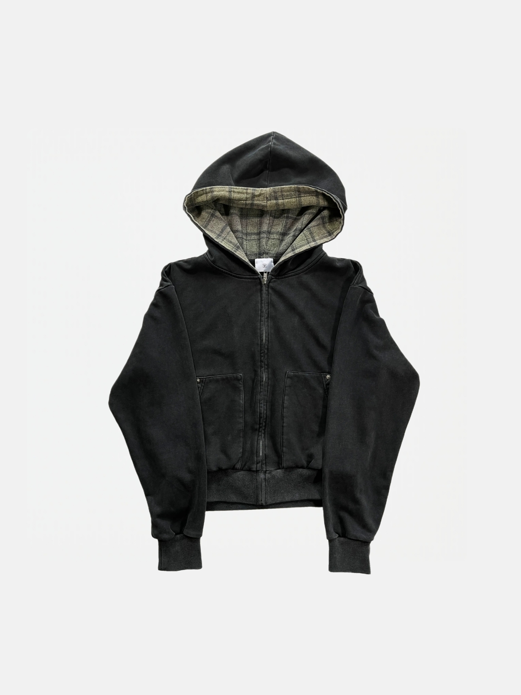 LAZY PLAID‑LINED ZIP UP HOODIE