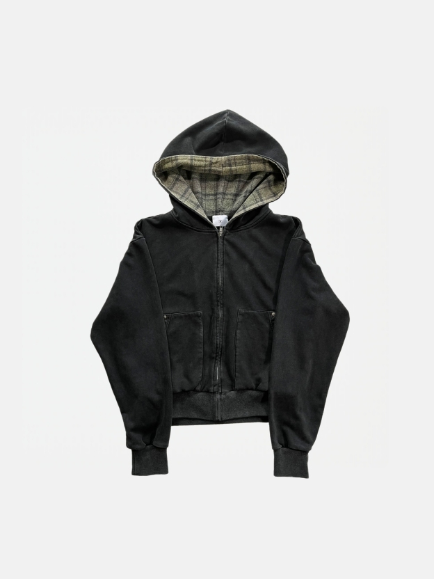 LAZY PLAID‑LINED ZIP UP HOODIE