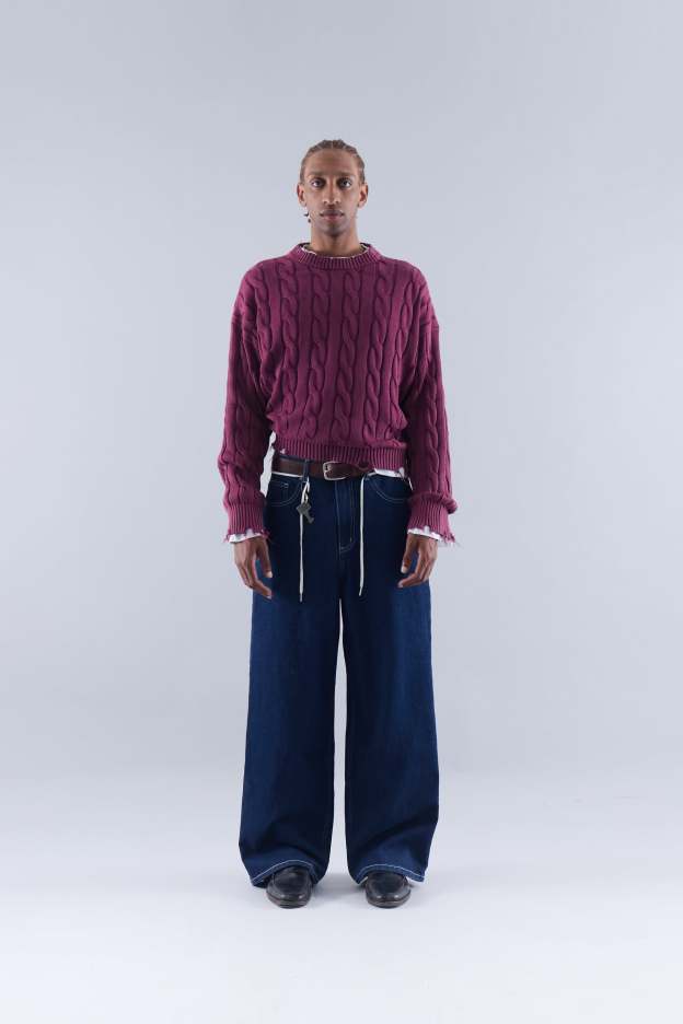 CABLE KNIT DISTRESSED SWEATER