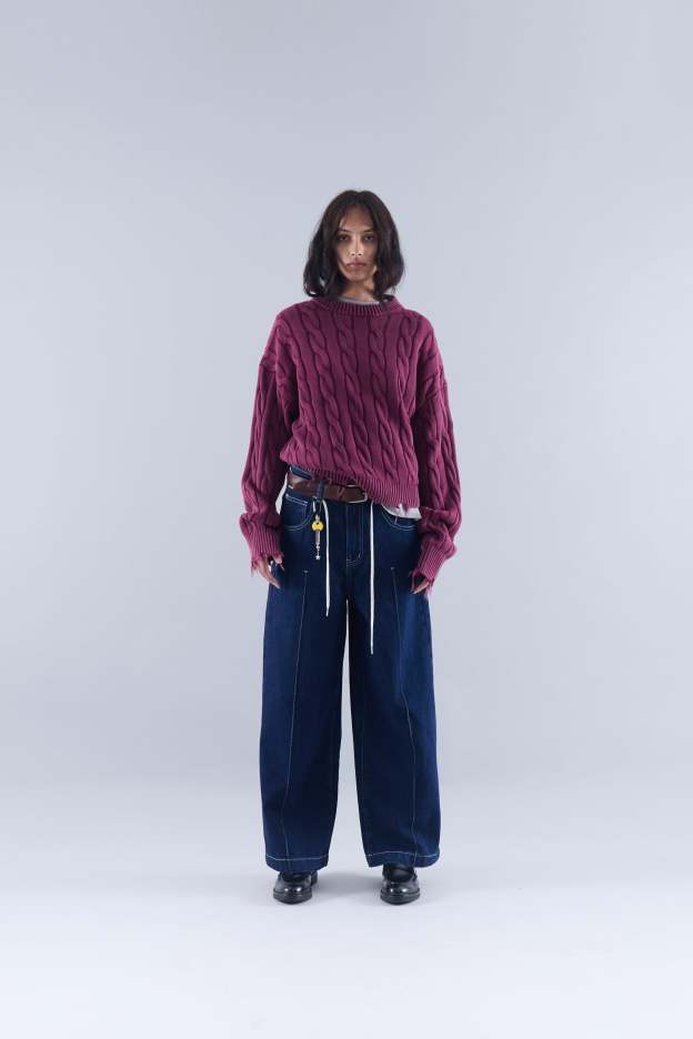 CABLE KNIT DISTRESSED SWEATER