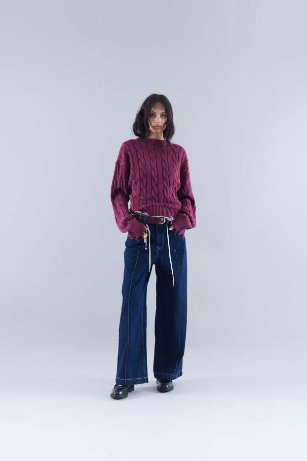 CABLE KNIT DISTRESSED SWEATER