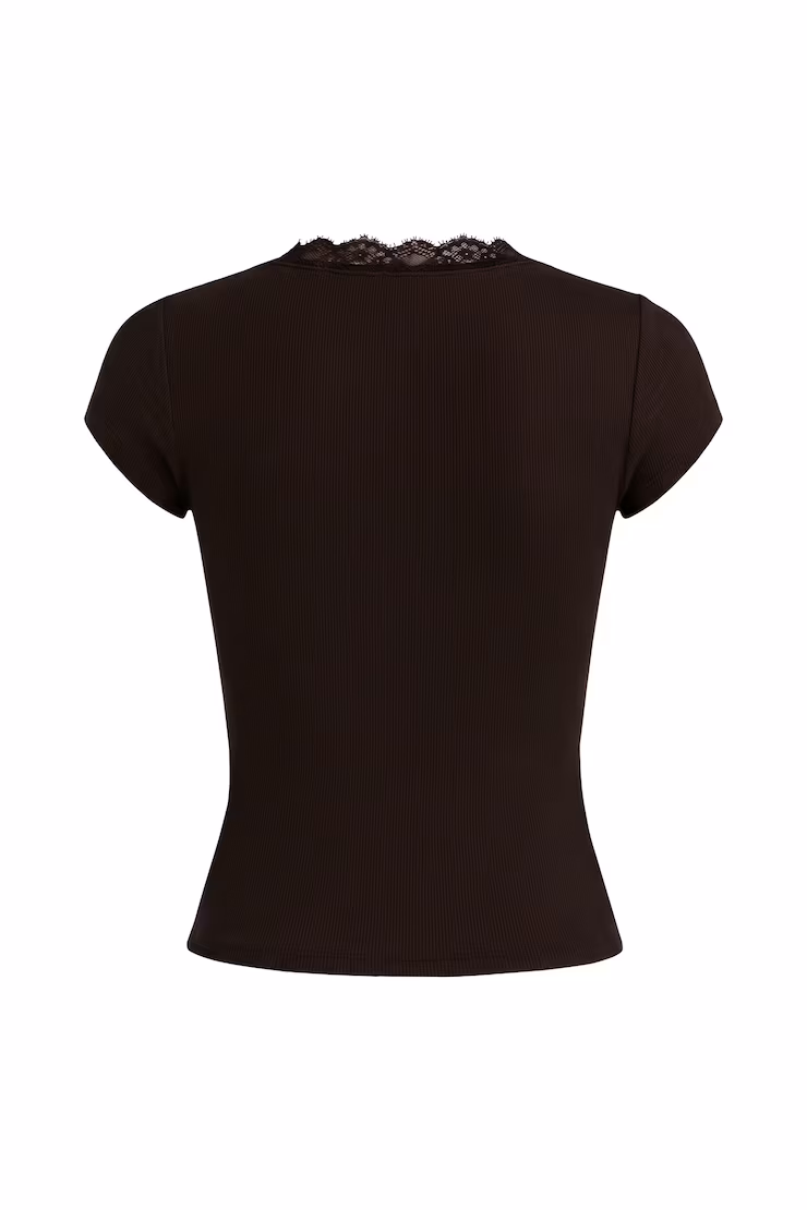 SnatchRib Plunge Lace Trim T-Shirt，Chocolate Mousse Brown