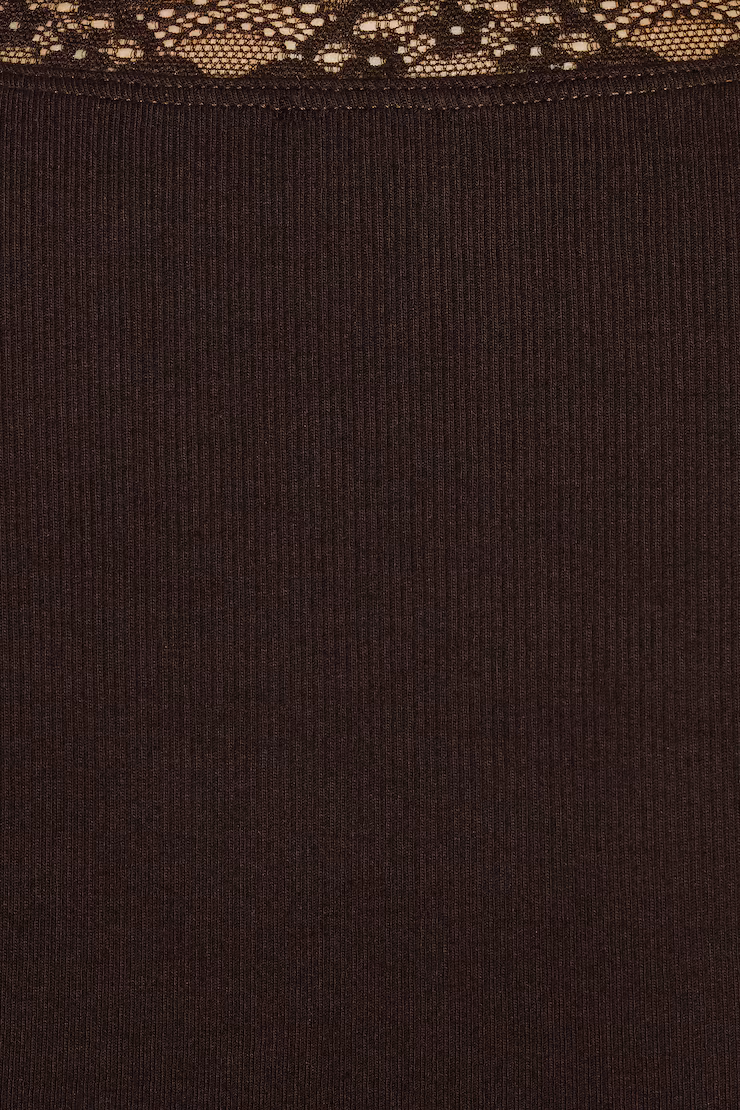 SnatchRib Plunge Lace Trim T-Shirt，Chocolate Mousse Brown
