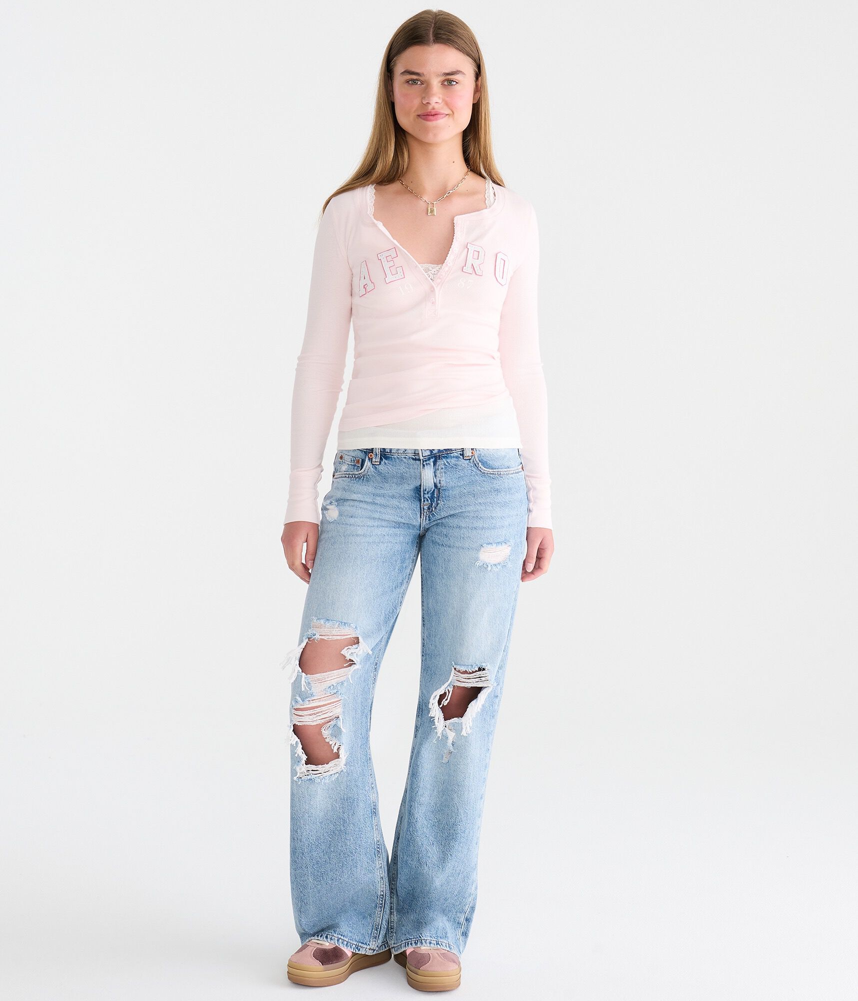 Long Sleeve  Rhinestone Graphic Henley