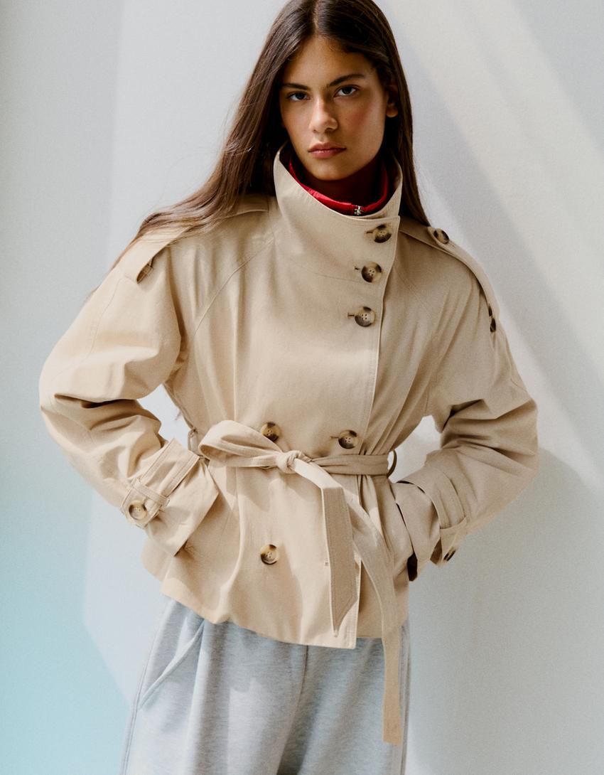 Cropped Trench Coat for Women, Stand Collar Double Breasted Belted Short Windbreaker Jacket