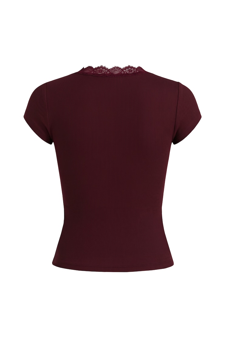 SnatchRib Plunge Lace Trim T-Shirt，Burgundy Bite