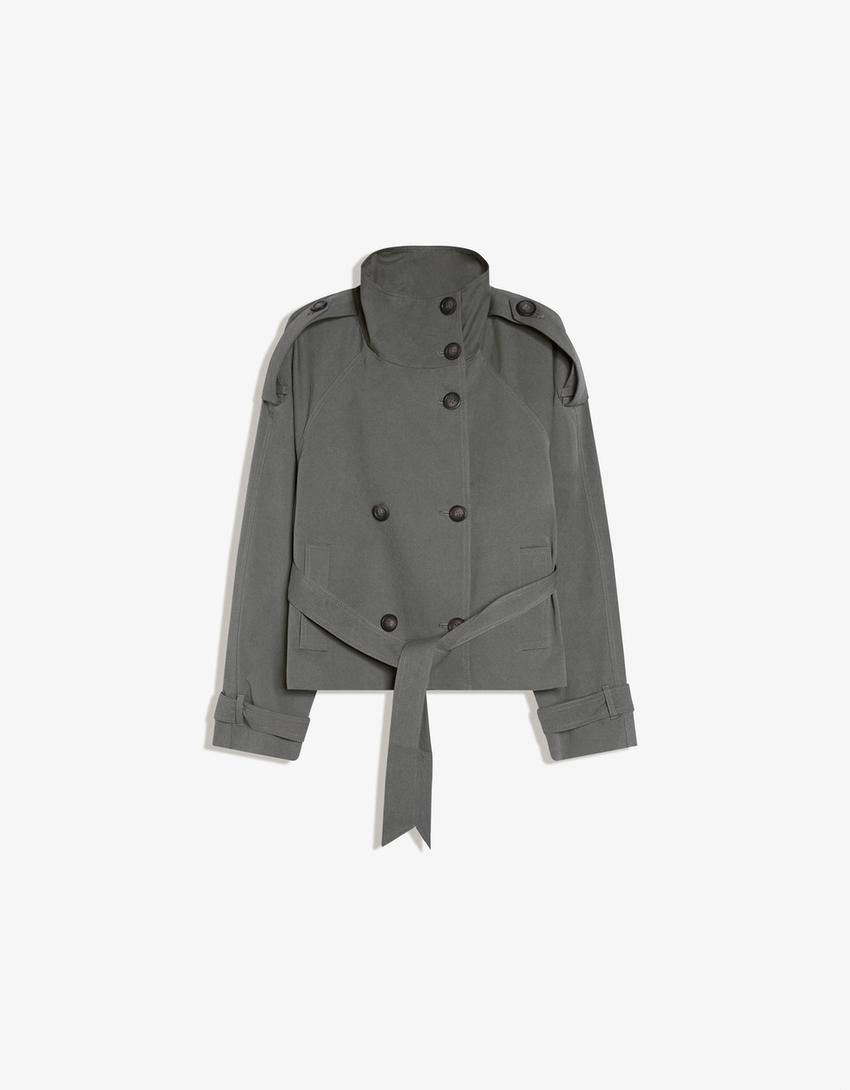 Cropped Trench Coat for Women, Stand Collar Double Breasted Belted Short Windbreaker Jacket