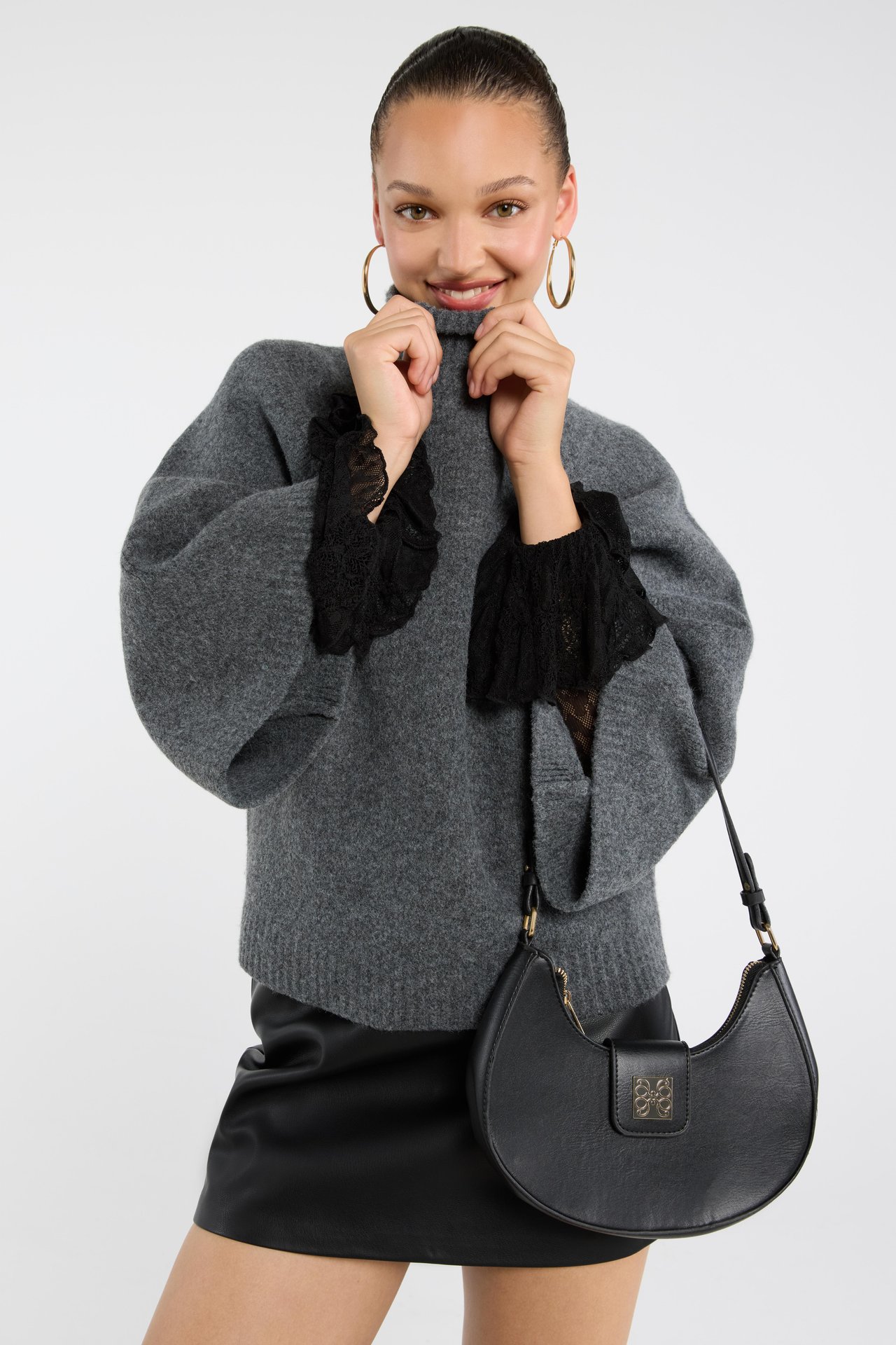 Women Mock Neck Wide Flare Sleeve Knit Sweater, Oversized Loose Fit Pullover Top