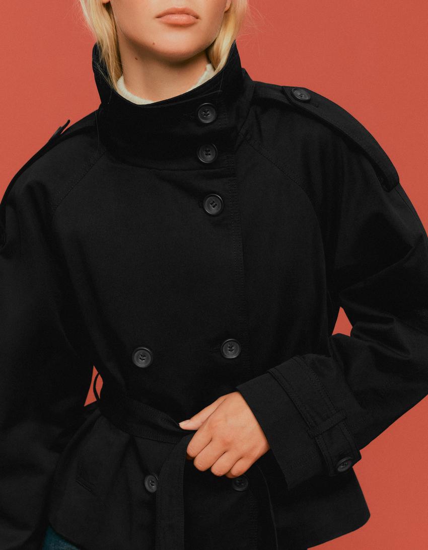 Cropped Trench Coat for Women, Stand Collar Double Breasted Belted Short Windbreaker Jacket