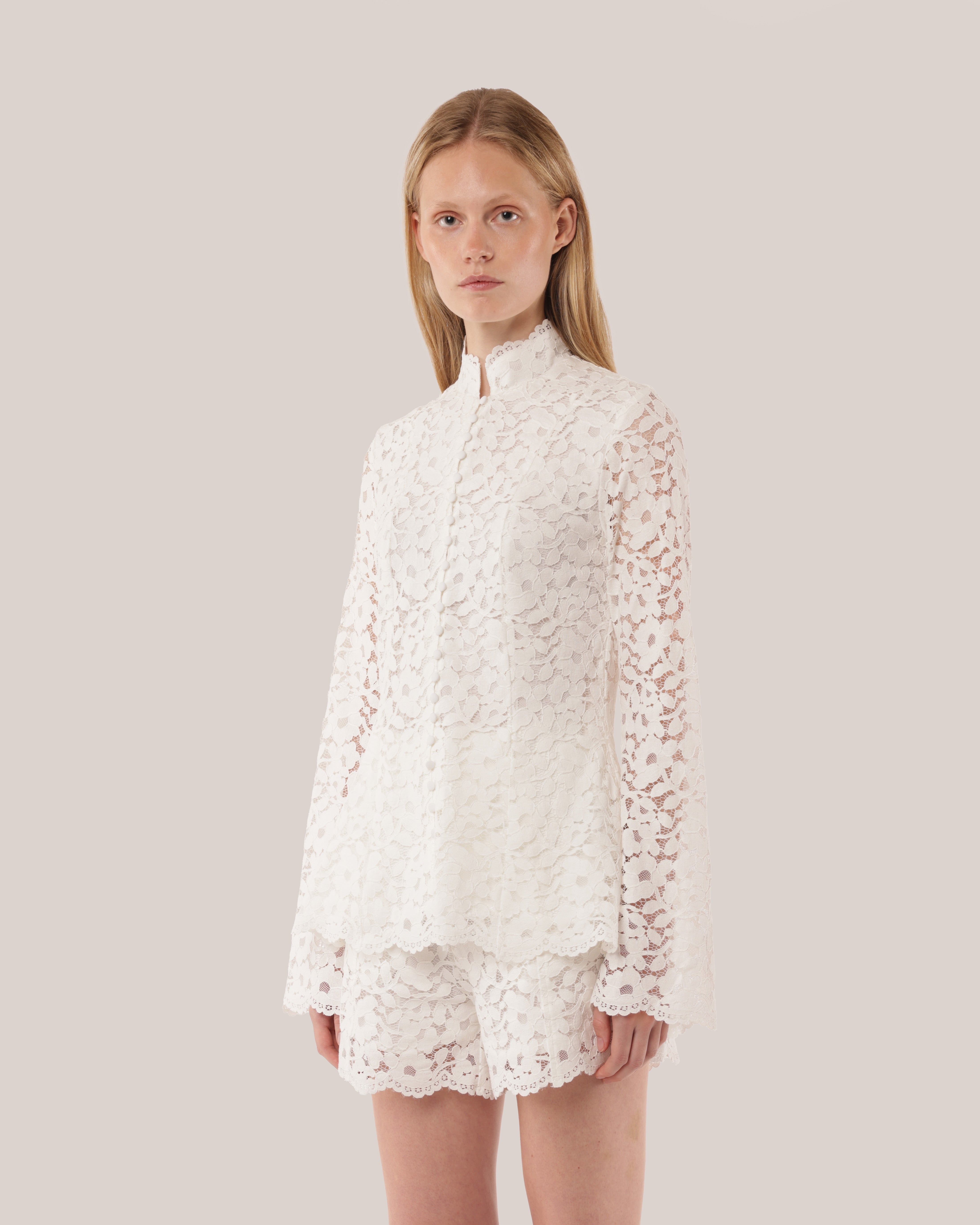 Elegant Cotton Lace Matching Set High Neck Bell Sleeve Outfit