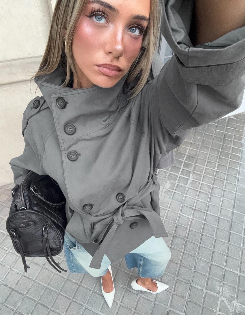 Cropped Trench Coat for Women, Stand Collar Double Breasted Belted Short Windbreaker Jacket